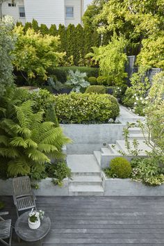 a wooden deck surrounded by trees and bushes with steps leading up to the top level