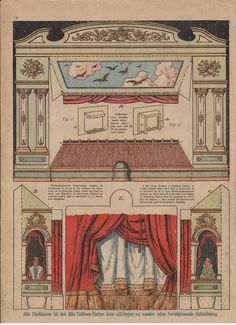 an old fashion diagram shows the interior of a bedroom with red curtains and drapes