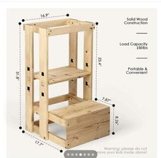 a wooden step stool with measurements for the top and bottom section, including parts labeled