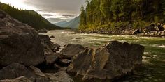 a river with rocks in the middle and trees on both sides, surrounded by mountains