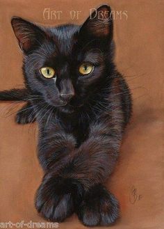 a painting of a black cat with yellow eyes sitting on a brown background looking at the camera