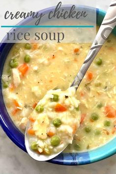 chicken and rice soup in a blue bowl. Cream Of Chicken Rice, Creamy Chicken And Rice Soup, Creamy Chicken Rice, Cast Iron Cornbread, Lunch At Work, Creamy Chicken And Rice, Easy Chicken And Rice, Rice Soup Recipes, Rice And Chicken