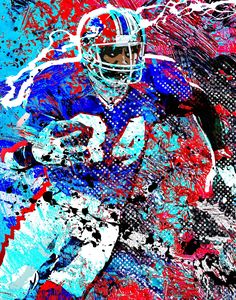 a painting of a football player running with the ball in his hand and splashing paint all over him