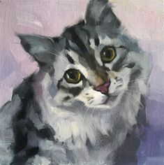 a painting of a grey and white cat