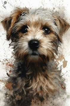 a painting of a brown and white dog