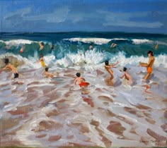 an oil painting of people playing in the ocean