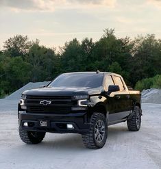 a black truck is parked in front of some trees