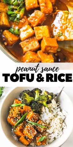 tofu and rice in a white bowl with broccoli on the side, and an image of sweet and sour tofu