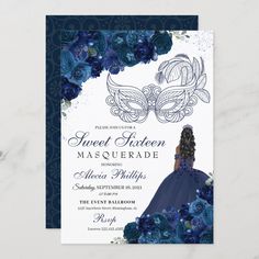 an elegant masquerade birthday party with blue flowers on the front and back of it