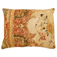 A vintage decorative pillow with a directional floral pattern, size 20" x 16" (1'8" x 1'4"), with one side featuring a segment of an antique English needlepoint carpet, and the other side being terracotta colored linen. This lovely vintage pillow is a great choice to add color, warmth, elegance, and sophistication to your home decor. An excellent gift idea! Terracotta Linen, Needlepoint Pillow, Tapestry Pillow, Needlepoint Pillows, Vintage Pillow, Pink Linen, Pillows And Throws, Rugs And Carpet, Vintage Pillows