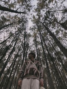 a man standing in the middle of a forest looking up into the sky with tall trees behind him