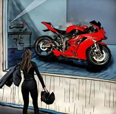 a drawing of a woman looking at a red motorcycle