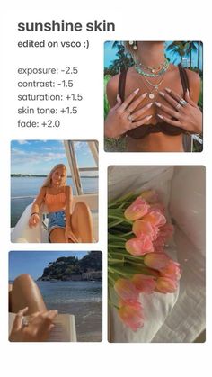 an advertisement for the sun shine skin product, with pictures of women in bikinis and tulips