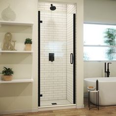 a bath room with a tub and a shelf