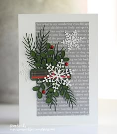 a close up of a christmas card with snowflakes and evergreens on it