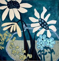 a painting of flowers in a vase on a blue and green background with black dots