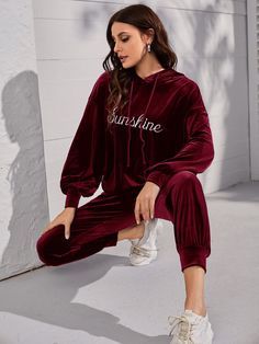 Inexpensive Clothes, Velvet Sweatshirt, Winter Outfits Aesthetic, Velvet Hoodie, Easy Winter Outfit, Hoodie And Sweatpants, Letter Embroidery, Where To Shop, Confident Woman