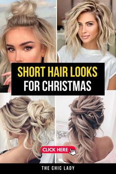 Short Hairstyles For Family Pictures, Shoulder Length Hair Party Styles, Christmas Updos For Medium Length Hair, Holiday Hair Styles Short Hair, Christmas Party Hair Updo, Christmas Party Short Hairstyles, Holiday Party Hair Half Up, Short Hair Styles For Christmas Party, Work Christmas Party Hairstyles