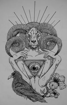 a black and white drawing of a ram with an all seeing eye