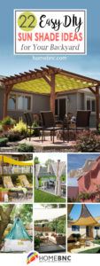 the cover of an easy diy sun shade ideas for your backyard, featuring pictures of patio furniture and landscaping