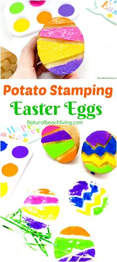 a hand holding a colorful egg next to some crafting supplies and the words potato stamping easter eggs