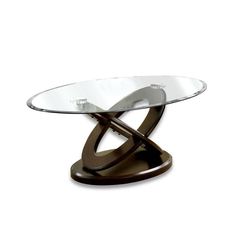 an oval glass table with metal base