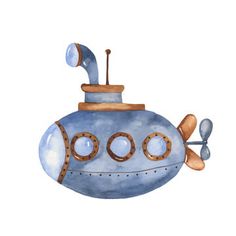 a watercolor painting of a blue submarine