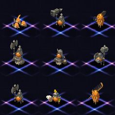 an image of some animals in different positions on a dark background with blue and purple lights