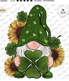 a green gnome with sunflowers and clover