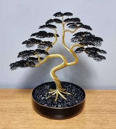 a small bonsai tree sitting on top of a wooden table