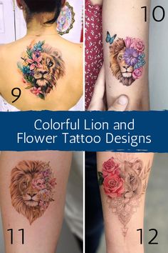 four different tattoos with flowers and lions on the back of their arms, one has a lion