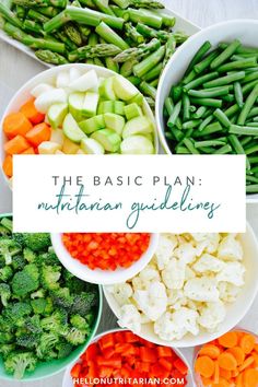 several bowls filled with different vegetables and the words the basic plan mediterranean guidelines on top