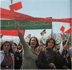 people holding flags and banners in the air