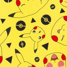 a yellow background with black and red cartoon characters on it's sides, including an angry pikachu