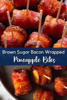 brown sugar bacon wrapped pineapple bites on a plate with toothpicks in them