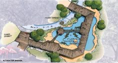 a drawing of a plan for a park in the middle of trees and water, with a bridge leading to it