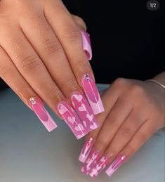 Long Square Acrylic Nails Pink And Black, Valentine Y2k Nails, Baddie Barbie Nails, Pink Barbie Acrylic Nails, Valentine Cartoon Nails, Neon Pink Acrylic Nails Designs, Hot Pink Heart Nails, Barbie Style Nails, Jelly Pink Acrylic Nails