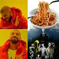 four different pictures with one man eating spaghetti and the other holding his hand up to his face