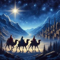 three wise men riding on camels in front of a christmas star above a town