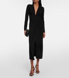 Eliana jersey midi dress in black - Velvet | Mytheresa Party Ruched Midi Dress In Elastane, V-neck Elastane Maxi Dress For Night Out, V-neck Elastane Dress With Flattering Silhouette, Evening V-neck Elastane Dress, V-neck Evening Dress, Ruched Midi Dress For Date Night, Cocktail Ruched Midi Dress, Formal Maxi Length Elastane Bodycon Dress, Evening V-neck Elastane Midi Dress