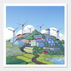 an image of a cartoon city with windmills in the sky and trees around it