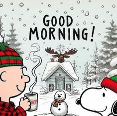 a charlie brown christmas card saying good morning with a dog and snowman in the background