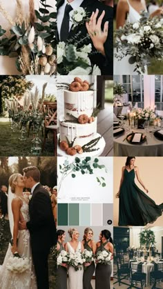 a collage of wedding photos with greenery and flowers