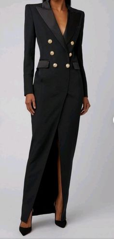 Black tuxedo jacket maxi dress, lined dress. Please give me your measurements when ordering: bust, waist, hips and your heigt. Long Black Trench Coat, Maxi Blazer, Office Dresses For Women, Tailored Coat, Tuxedo Dress, Office Dress, Long Bodycon Dress, Trench Coat Black, Evening Outfits