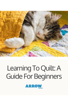 a cat sleeping on top of a quilt with the title learning to quilt a guide for beginners