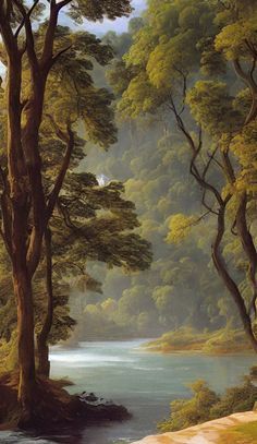 a painting of trees and water in a wooded area