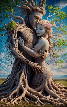 a couple hugging each other in front of a tree with its roots growing into the ground