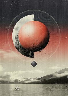 an image of a red ball floating in the air with mountains and clouds behind it