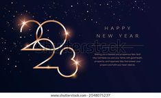 a happy new year greeting card with gold numbers and stars on a dark blue background