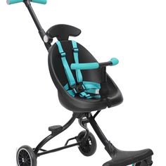 a black and blue stroller with wheels